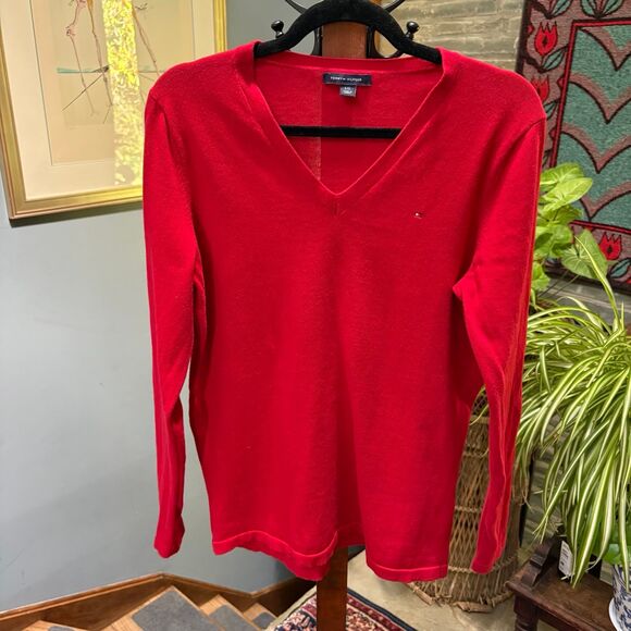 y2K Tommy Hilfiger Women's 100% Cotton Lightweight Red Sweater Tiny Logo Size L - Picture 2 of 7